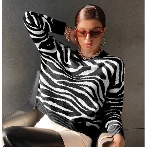 Rouge! Sweaters - Black & White Zebra Stripe Pullover Sweater Round Neck Long Sleeve Drop Shoulder